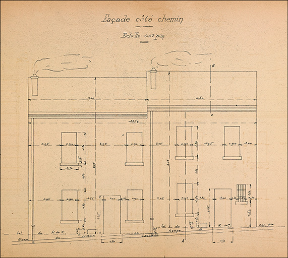 Propriété de Mr Filho Camille, Indication cadastrales : section F, quartier Fontaine des Tuiles, parcelle n°8. Projet de maison d'habitation. (Rez-de-chaussée et premier étage). Façade côté chemin.