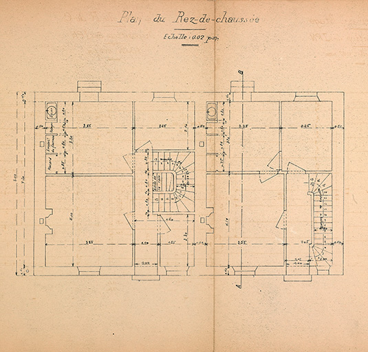 Propriété de Mr Filho Camille, Indication cadastrales : section F, quartier Fontaine des Tuiles, parcelle n°8. Projet de maison d'habitation. (Rez-de-chaussée et premier étage). Plan du rez-de-chaussée.