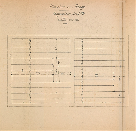 Propriété de Mr Filho Camille, Indication cadastrales : section F, quartier Fontaine des Tuiles, parcelle n°8. Projet de maison d'habitation. (Rez-de chaussée et premier étage). Plancher de l'étage : disposition des IPN.