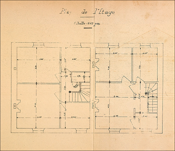 Propriété de Mr Filho Camille, Indication cadastrales : section F, quartier Fontaine des Tuiles, parcelle n°8. Projet de maison d'habitation. (Rez-de-chaussée et premier étage). Plan de l'étage. Echelle : 0.02 p.m.