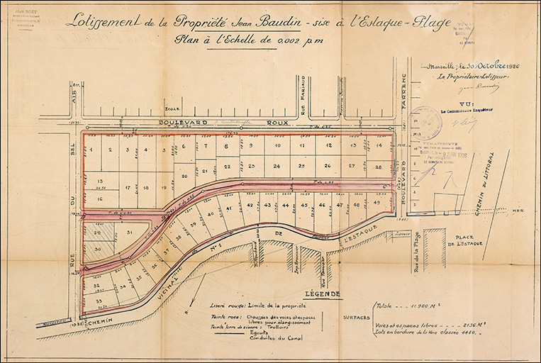 Plan du lotissement de la propriété Jean Baudin, sise à l'Estaque-Plage, contresigné par le propriétaire lotisseur le 30 octobre 1926, avec tampon de Jean Boet, architecte expert.