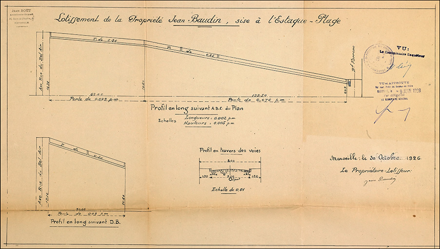 Lotissement de la propriété Jean Baudin, sise à l'Estaque-Plage. Marseille le 30 octobre 1926. Profil en long suivant ABC du plan. Profil en long selon D.B. Profil en travers des voies.