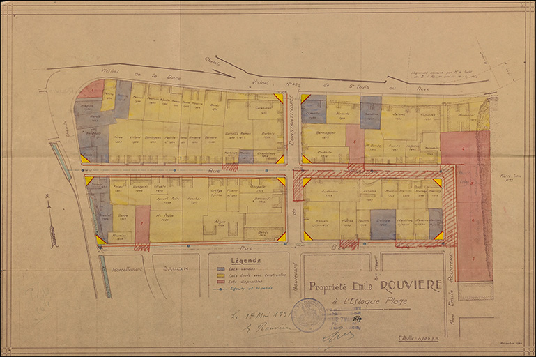 Propriété Emile Rouvière à l'Estaque-Plage. Décembre 1930. [Plan de l'état de commercialisation des lots avec le nom des propriétaires et des locataires. 15 mai 1931].