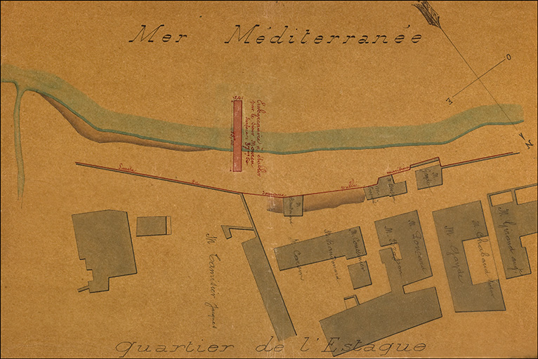 Construction d'un embarcadère en charpente. Amodiation du Sieur Mouren Henri, fabricant de tuiles. Plan du 28 août 1873.