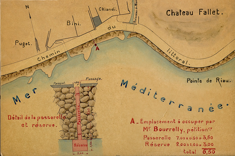 Construction d'une passerelle et d'une réserve pour poissons et coquillages près du ruisseau des Riaux. Barthélemy Bourelly pétitionnaire. Plan.