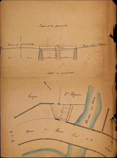Demande d'acquisition d'un lais de mer par Mme Vve Régnier. Passerelle sur le ruisseau. Plan, coupe sur la passerelle.