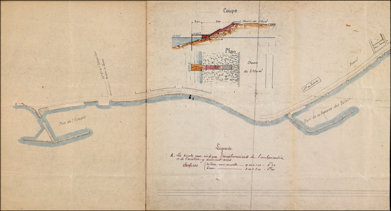 Plan. Etablissement d'un embarcadère. 26 décembre 1923. Lindenmeyer pétitionnaire. Plan : 0,0005 p.m. ; coupe et plan de détail : 0.005 p.m..