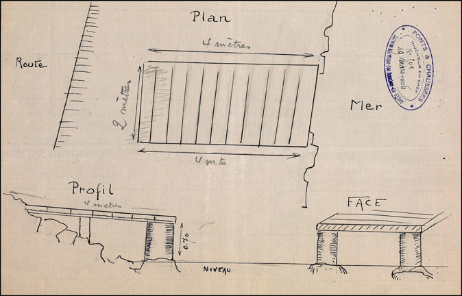 Plan. Face. Profil. [Demande d'Emile Dallest d'établir un embarcadère, 1926].