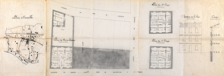 Gendarmerie. Louis Sacoman propriétaire. Plan d'ensemble. Plan du rez-de-chaussée. Plan du 1er étage. Plan du 2e étage. Elévation sur rue. Coupe.