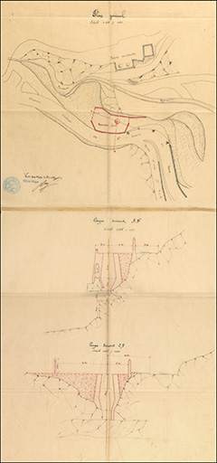 Demande de Joseph Chauffert d'établir 1 four à chaux au quartier des Riaux. Plan général. Coupe suivant AB ; coupe suivant CD.