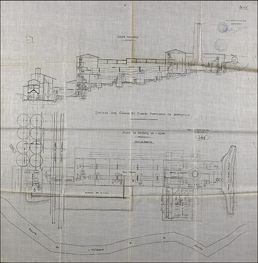 Société des Chaux et Ciment Portland de Marseille. Coupe générale. Plan de détails de l'usine. 1913.
