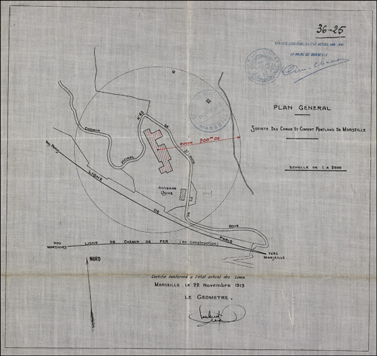 Société des Chaux et Ciment Portland de Marseille. Plan général. Echelle 1 à 2500. 1913.