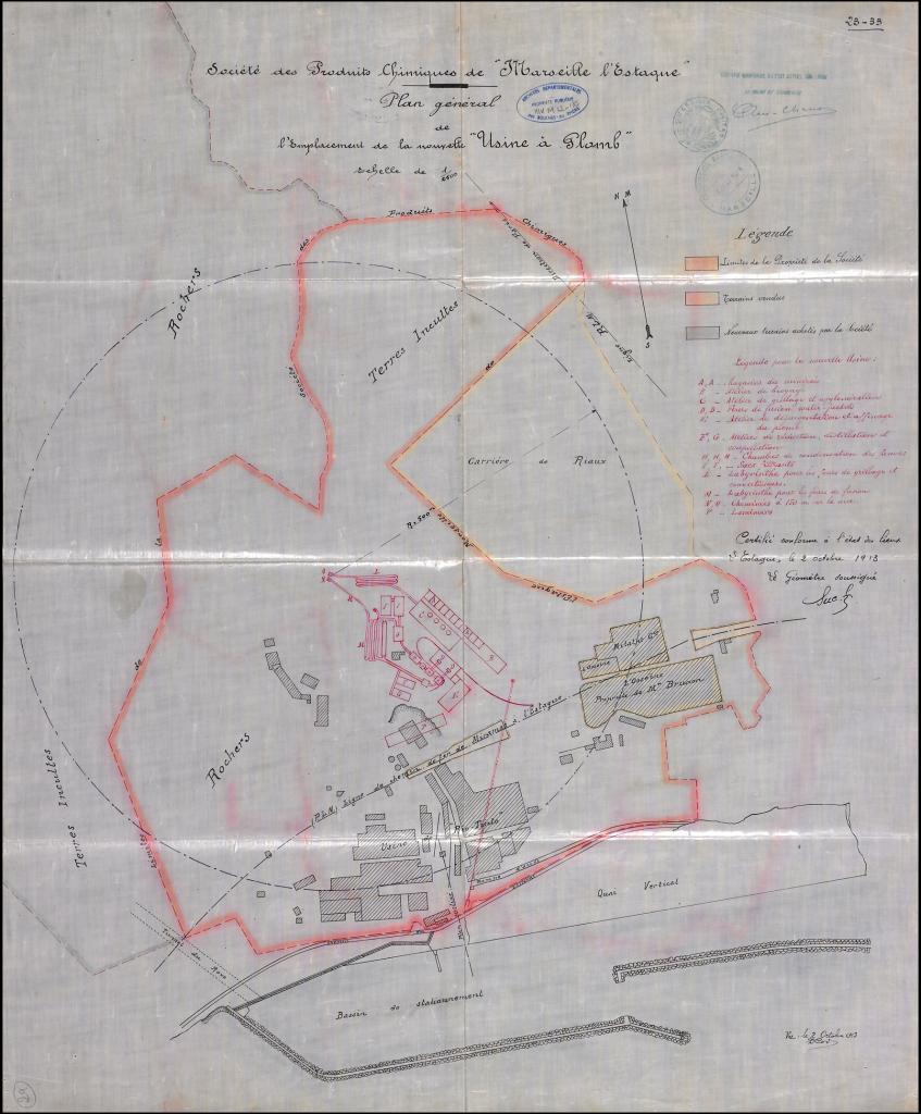 Société des Produits chimiques de "Marseille l'Estaque". Plan général de l'emplacement de la nouvelle "usine à plomb". Echelle 1/2500e. 1913.