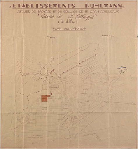 Etablissements Kuhlmann. Atelier de broyage et de grillage de minerais arsenicaux. Usine de l'Estaque. Plan des abords. 1935.