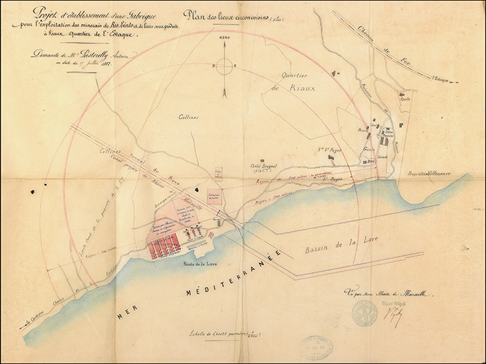 Projet d'établissement d'une fabrique pour l'exploitation des minerais de Rio Tinto et de leurs sous-produits à Riaux quartier de l'Estaque. Demande de Mr Pastorelly Antoine en date du 17 juillet 1882. Plan des lieux circonvoisins. (1/2500).