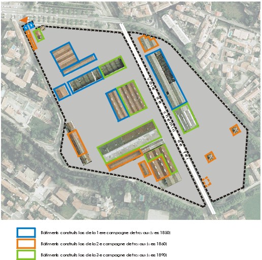 Les grandes périodes de construction des bâtiments des ateliers.