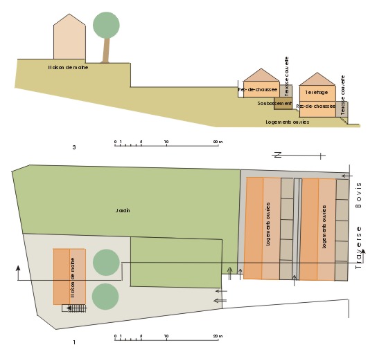 1 - plan masse ; 3 - coupe longitudinale.