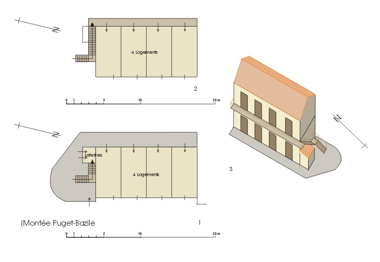 1 - plan du rez-de-chaussée ; 2 - plan du 1er étage ; 3 - vue axonométrique prise de l'ouest.