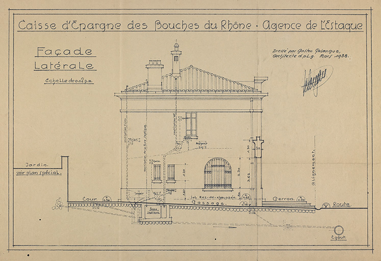 Caisse d'Epargne des Bouches du Rhône. Agence de l'Estaque. Façade latérale. Dressé par Gaston Palanque, architecte DPLG mars 1938.