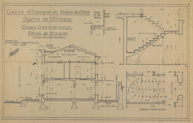 Caisse d'Epargne des Bouches du Rhône. Agence de l'Estaque. Coupe transversale. Détail de l'escalier. Dressé par Gaston Palanque, architecte DPLG mars 1938.