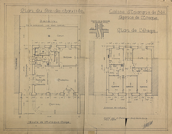 Caisse d'Epargne des Bouches du Rhône. Agence de l'Estaque. Plan du rez-de-chaussée. Plan de l'étage. Dressé par Gaston Palanque, architecte DPLG mars 1938.