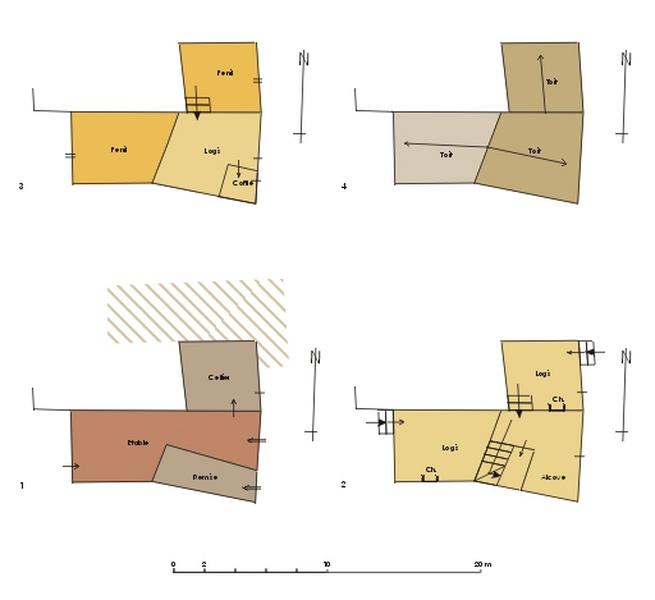 1- plan de l'étage de soubassement, 2- plan du rez-de-chaussée, 3plan de l'étage de comble en surcroît, 4-plan des toitures.