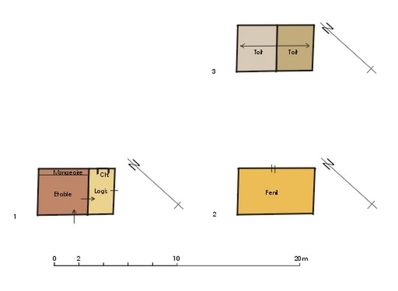 1- plan de l'étage de soubassement, 2- plan du rez-de-chaussée, 3-plan des toitures.