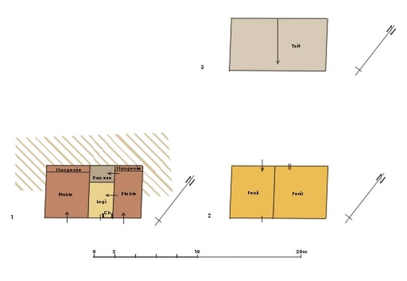 1- plan de l'étage de soubassement, 2- plan du rez-de-chaussée, 3-plan des toitures.