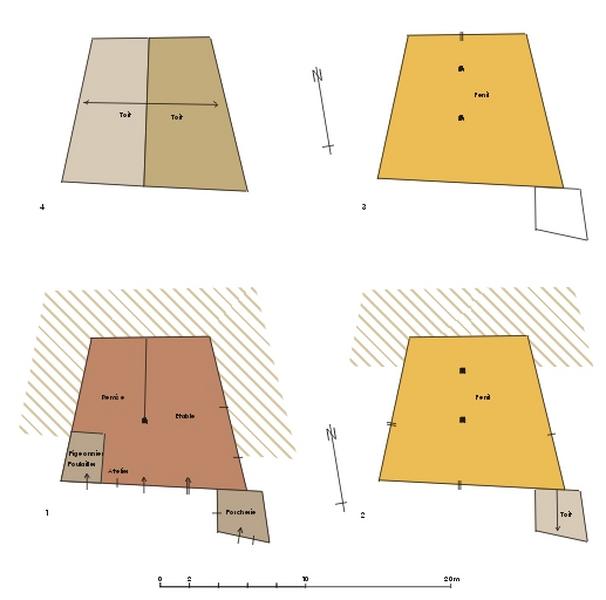 1- plan de l'étage de soubassement, 2- plan du rez-de-chaussée, 3-plan du 1er étage, 4- plan des toitures.