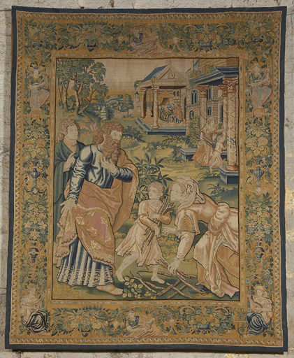 Ensemble de 5 tentures d'église (tapisseries à bordure) : Rencontre du prophète Elie et de la veuve de Sarepta, Les prêtres de Baal invoquent en vain leur dieu, Elie rétablit l'autel du Seigneur pour y offrir le sacrifice, Le feu du ciel dévore l'holocauste d'Elie et le peuple prosterné reconnaît le vrai Dieu, Le couronnement d'Esther