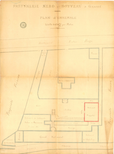Parfumerie Méro et Boyveau à Grasse, plan de masse.