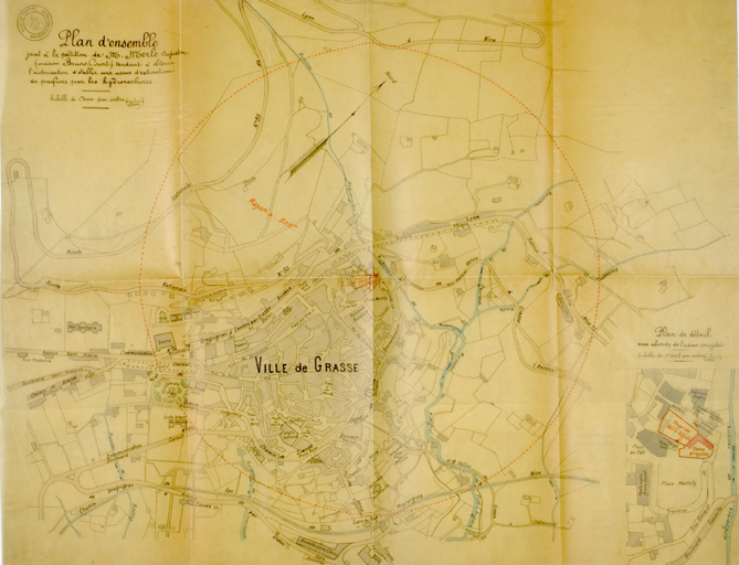 Plan d'ensemble joint à la pétition de M. Merle Augustin (maison Bruno Court) tendant à obtenir l'autorisation d'établir une usine d'extraction de parfums par les hydrocarbures ; Plan de détail aux abords de l'usine projetée.