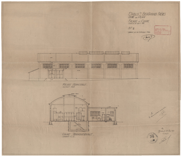 Etablissement Bertrand Frères Usine du plan Façade et coupe n° 2.