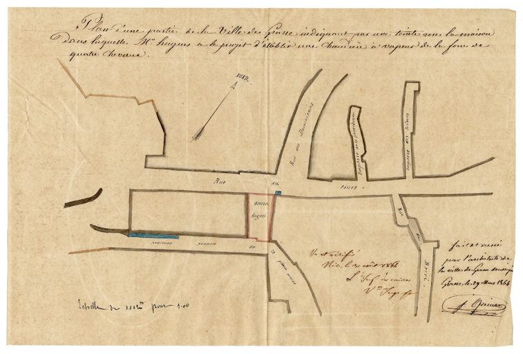 Plan d'une partie de la ville de Grasse indiquant par une teinte rose la maison dans laquelle M. Hugues a le projet d'établir une chaudière à vapeur de la force de quatre chevaux.
