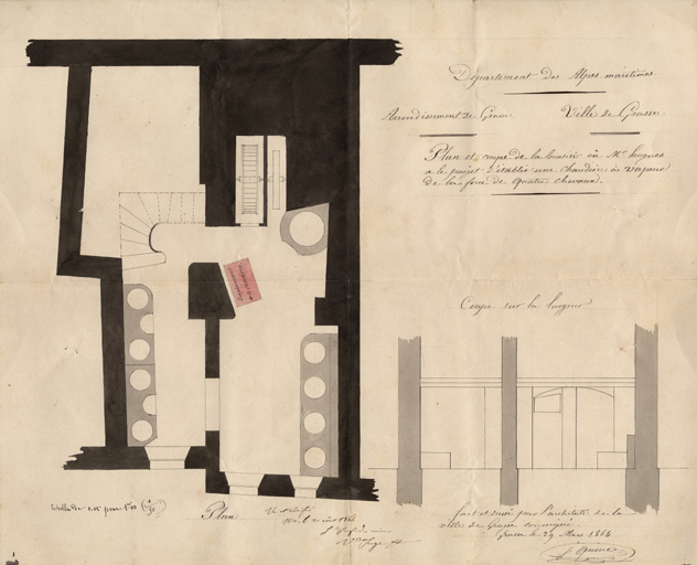 Plan de la galerie que le S. Hugues demande à construire pour faire communiquer son laboratoire de la rue des Dominicains avec celui qu'il possède dans la rue du Cours.
