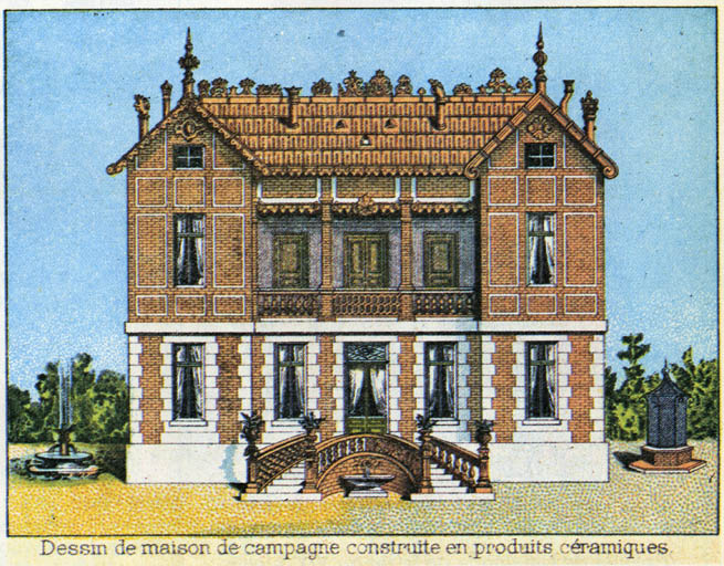 Dessin d'une maison de campagne construite en produits céramiques. Image du bon vieux temps dans un catalogue de 1869. [Sur la page reproduite : ]