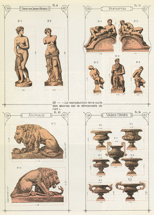 Extrait de catalogue de la fin XIXe. [Sur la page reproduite : ] "La reproduction terre cuite des oeuvres est la démocratie de l'art". Statues pour jardin. Statuettes. Animaux. Vases ornés.