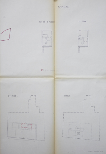 Propriété SCI Chateau Fallet. Plan de masse. Plan du 2e étage, plan des combles, plan des annexes.