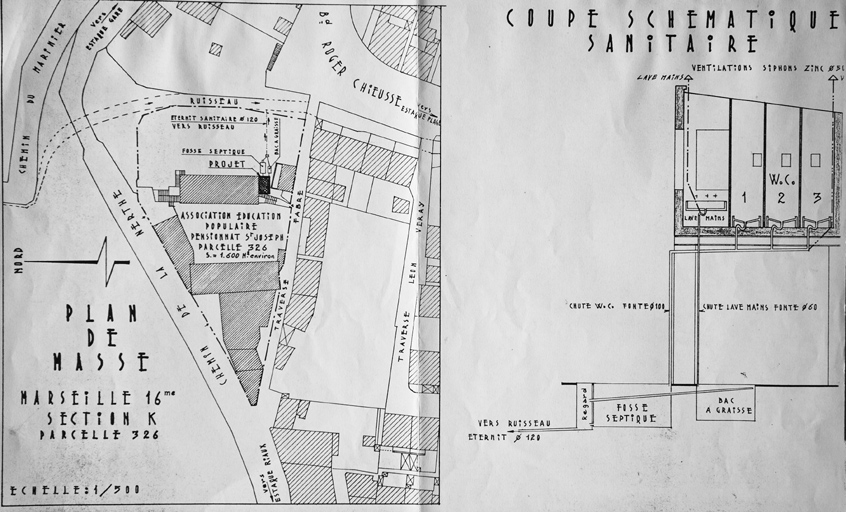Plan de masse. Coupe schématique sanitaires.