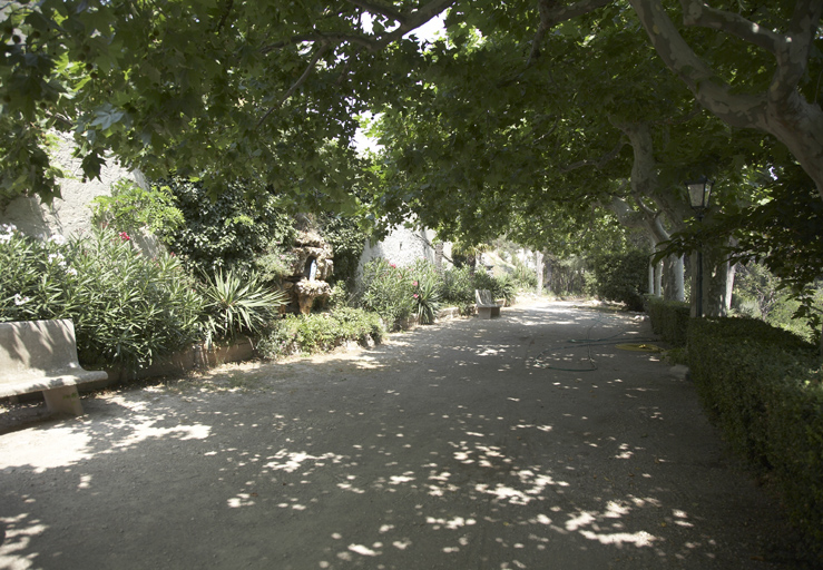 Jardin. Allée de platanes, fontaine en rocaille avec statuette de la Vierge, prise du nord.