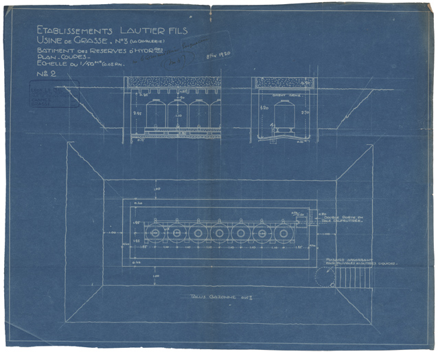 Etablissement Lautier Fils Usine de Grasse N°3 (La Cavallerie) Bâtiment des réserves h'hydrocarbures Plan Coupe N° 2.