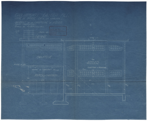 Etablissement Lautier Fils Usine de Grasse N°3 (La Cavalerie) Bâtiment de la chaufferie et atelier Coupe transversale.