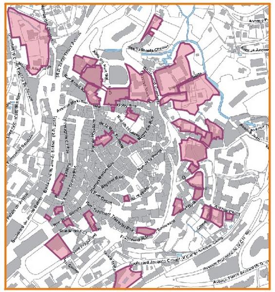 Carte historique 2 - Centre ville - localisation des usines-immeubles (1850-1910).