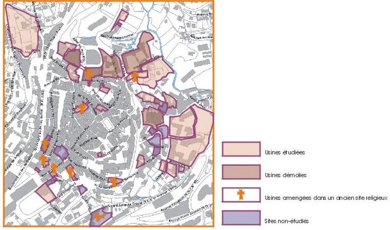 Carte 1b : le centre ville - implantation des usines-immeubles.