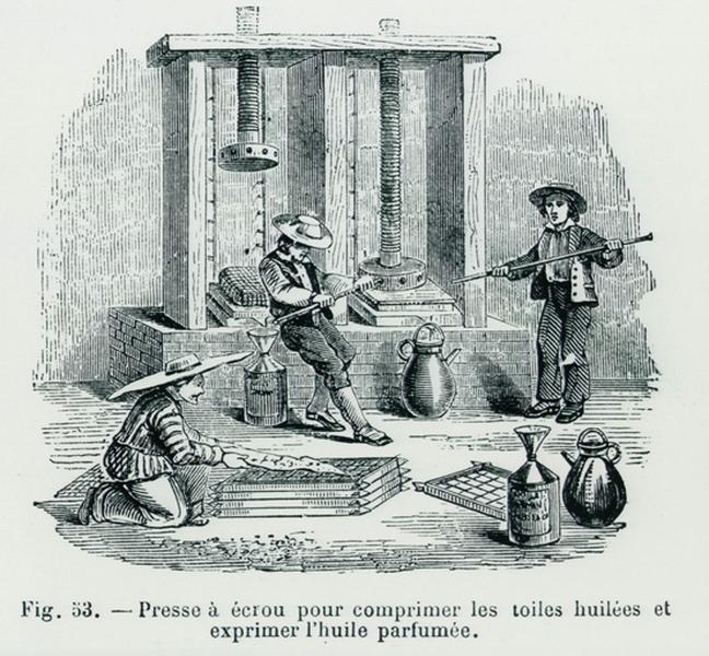 Presse à écrou pour comprimer les toiles huilées et exprimer l'huile parfumée.