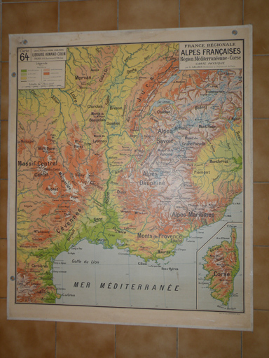 Atlas Général Vidal-Lablache, Librairie Armand Colin. Carte n° 64, Alpes Françaises, Région Méditerranéenne-Corse, Carte Physique. Vue d'ensemble.
