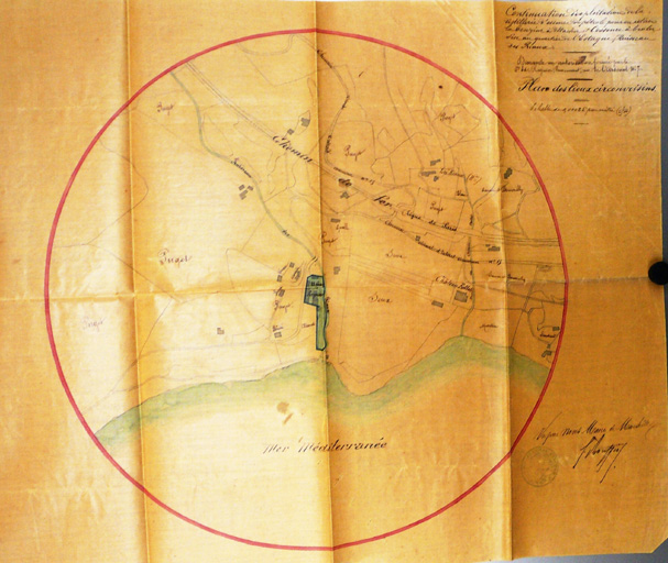 Doc. 10 -  Plan des lieux circumvoisins. [Quartier des Riaux, de la Falaise et de Piche avec la voie ferrée, les chemins, les propriétés lors de la demande de Regnier de modifier les fabrications au sein de son usine au vallon des Riaux en 1873).