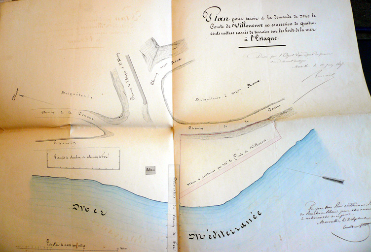 Plan pour servir à la demande de Mrs le Comte de Villeneuve en concession de quatre cents mètres carrés de terrain sur les bords de la mer à l'Estaque. (1847)