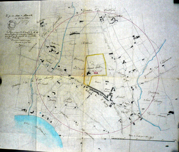 Plan à l'appui de la demande de Mr Arnaud frères en autorisation d'établir une briquetterie dans leur propriété sise au quartier de Séon Saint Henry dressé par l'architecte soussigné Hugues (lecture incertaine) 2 juin 1855