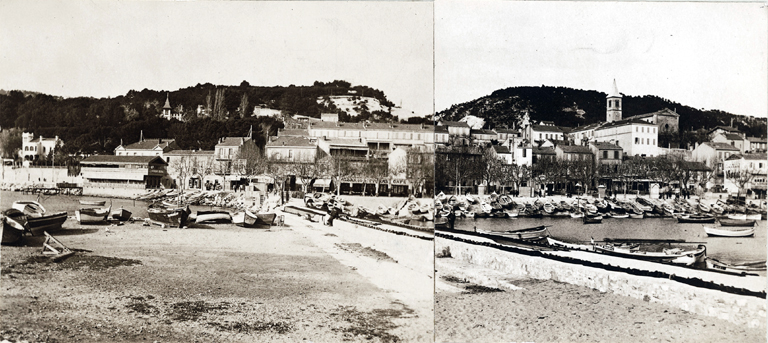 Panorama de l'Estaque plage.  [Vue prise depuis la jetée, de la Palestine à l'église. Vers 1900]